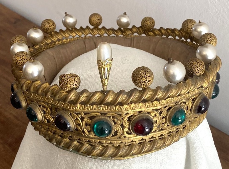 Antique Stage Crown Made Of Gilded Brass And Colorful Glass Beads
