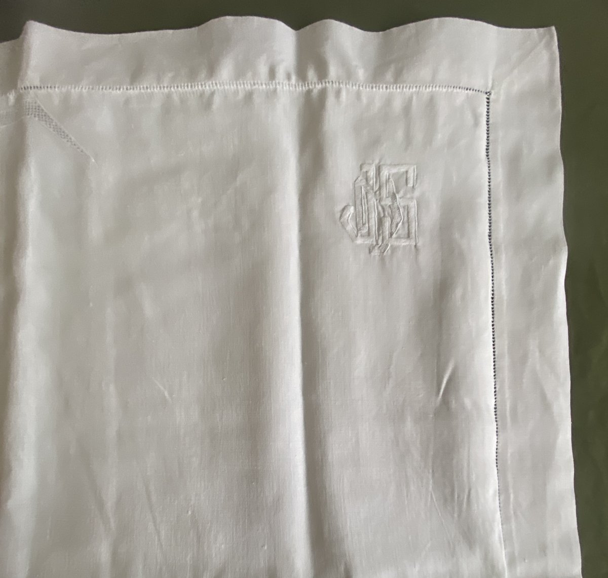 Paire de taies d’oreiller anciennes en lin brodé fin XIX ème– monogramme JMS-photo-4