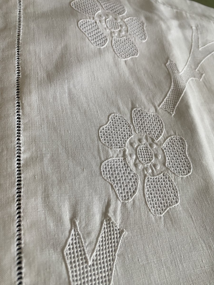 Paire de taies d’oreiller anciennes en lin brodé fin XIX ème– monogramme JMS