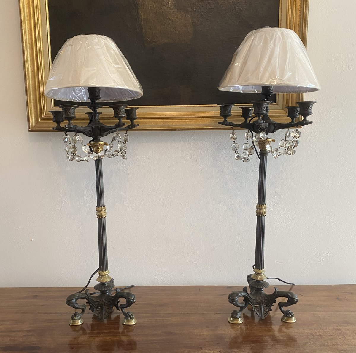 Grande Paire de chandeliers ou candélabres en bronze de style empire  XIX ème-photo-2