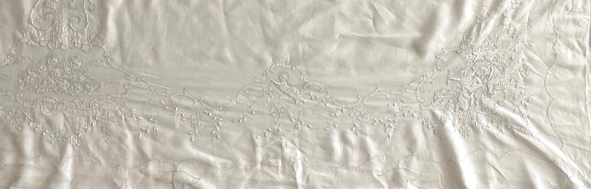 Trousseau Drap, Oreiller, Traversin En Fil De Lin Brodé Aux Anges  XIX ème-photo-2
