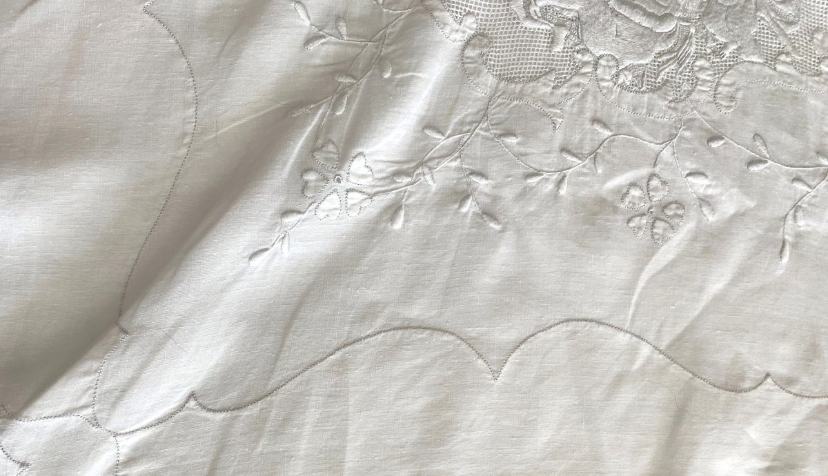 Trousseau Drap, Oreiller, Traversin En Fil De Lin Brodé Aux Anges  XIX ème-photo-4