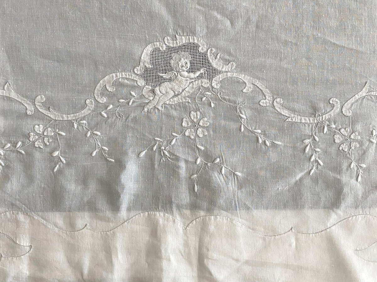 Trousseau Drap, Oreiller, Traversin En Fil De Lin Brodé Aux Anges  XIX ème-photo-2