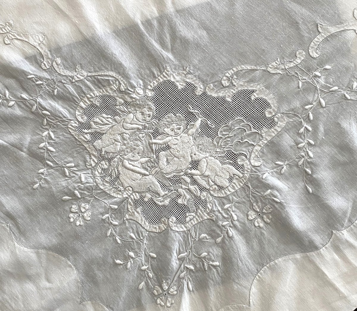 Trousseau Drap, Oreiller, Traversin En Fil De Lin Brodé Aux Anges  XIX ème-photo-3