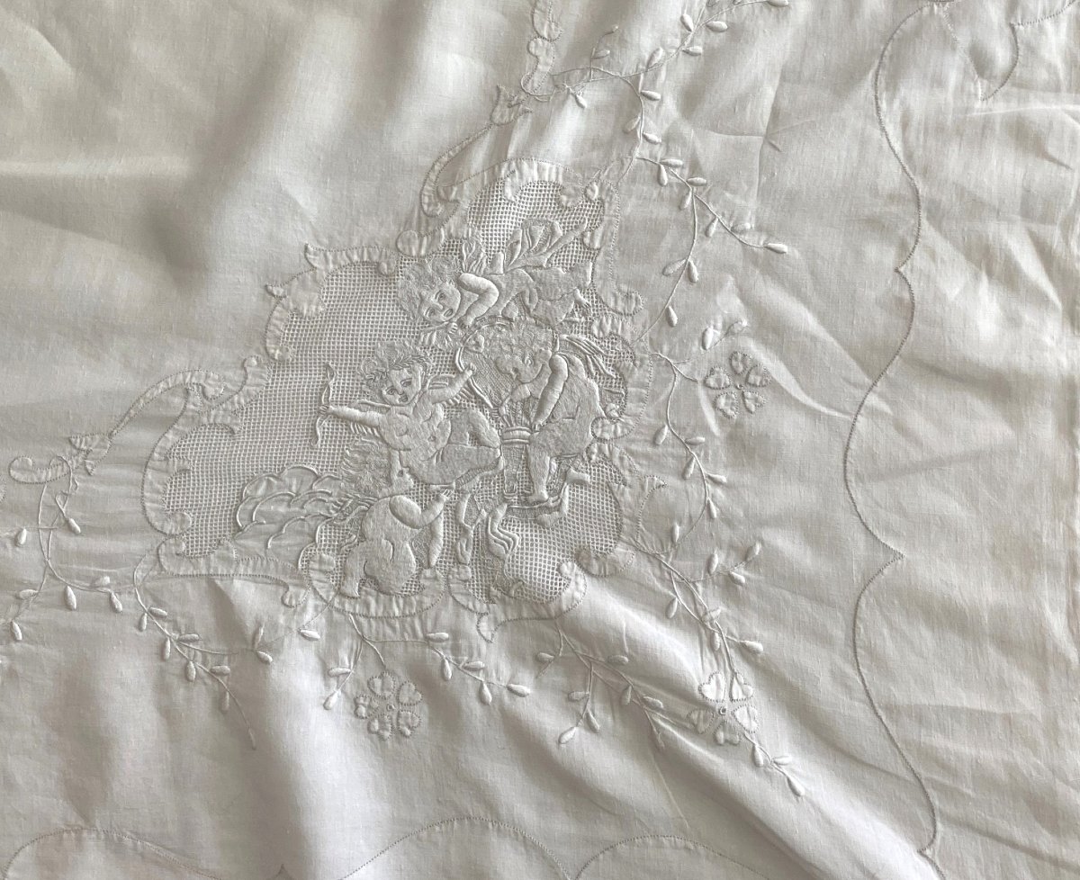 Trousseau Drap, Oreiller, Traversin En Fil De Lin Brodé Aux Anges  XIX ème-photo-4