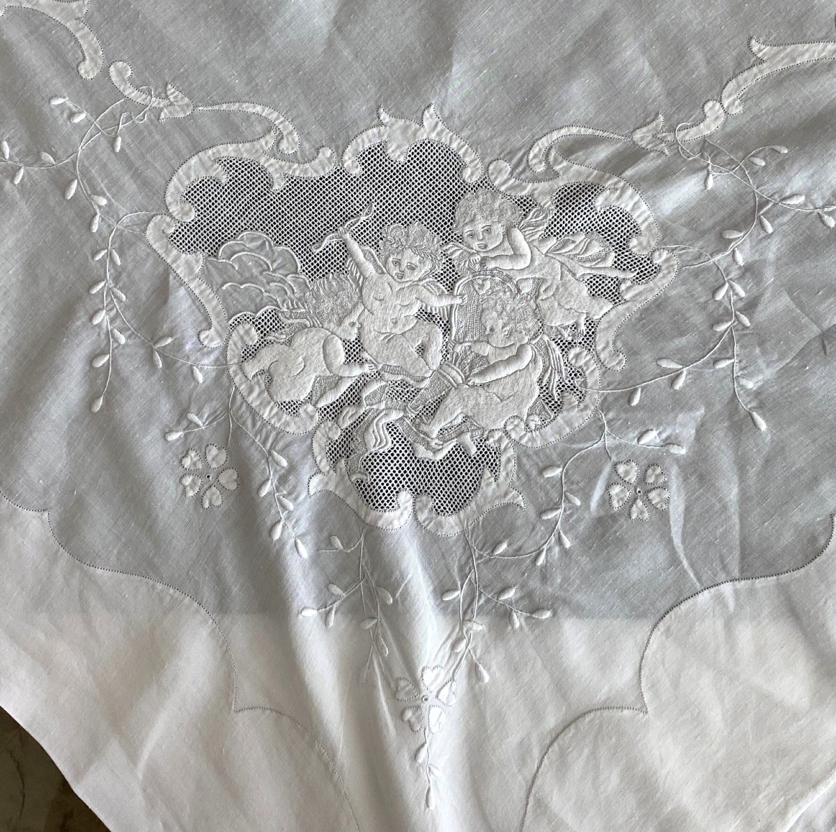 Trousseau Drap, Oreiller, Traversin En Fil De Lin Brodé Aux Anges  XIX ème-photo-5