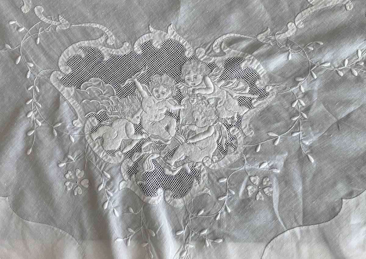 Trousseau Drap, Oreiller, Traversin En Fil De Lin Brodé Aux Anges  XIX ème-photo-6