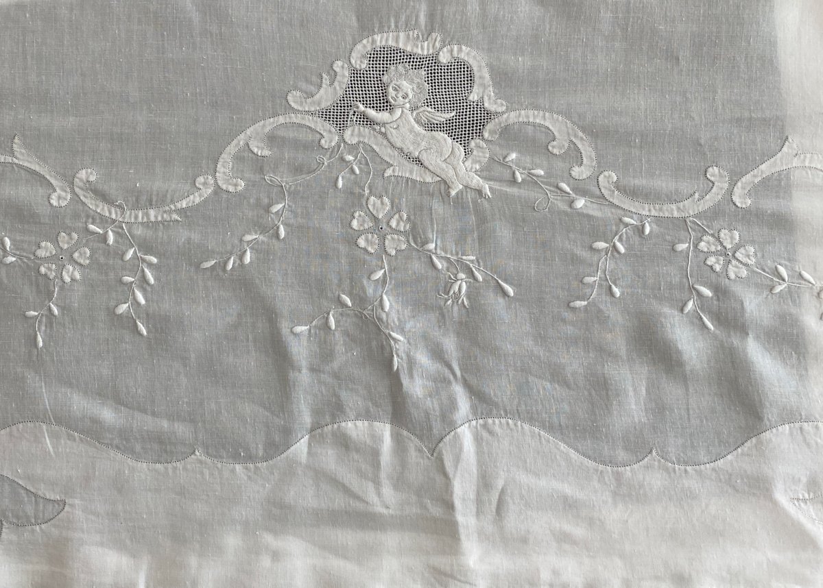 Trousseau Drap, Oreiller, Traversin En Fil De Lin Brodé Aux Anges  XIX ème-photo-7