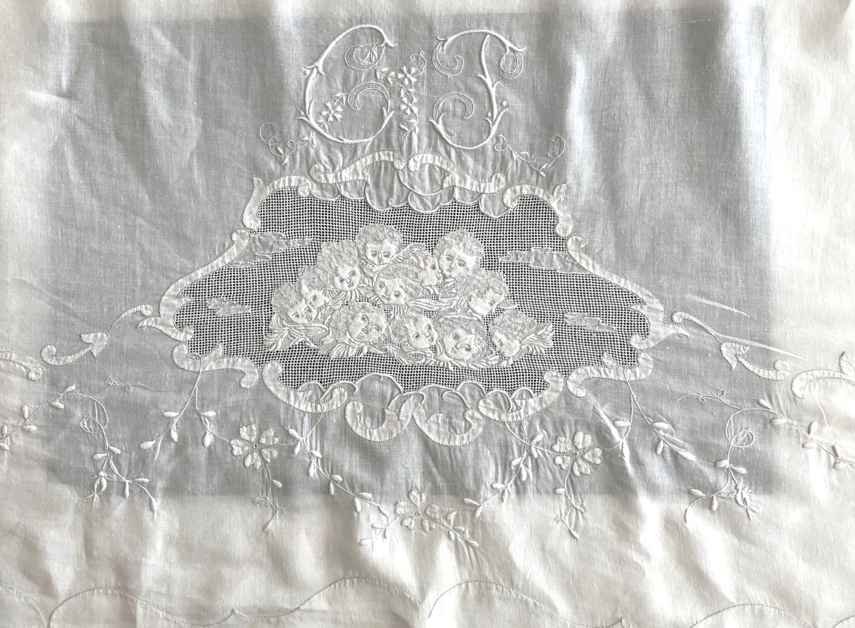 Trousseau Drap, Oreiller, Traversin En Fil De Lin Brodé Aux Anges  XIX ème
