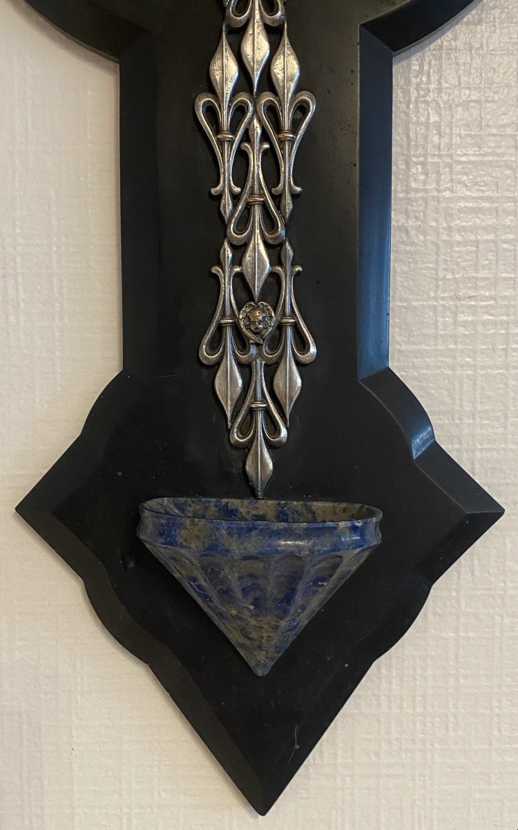 J C SANSON Grand Bénitier   en marbre, Lapis lazuli et Métal argenté XIX ème -photo-4