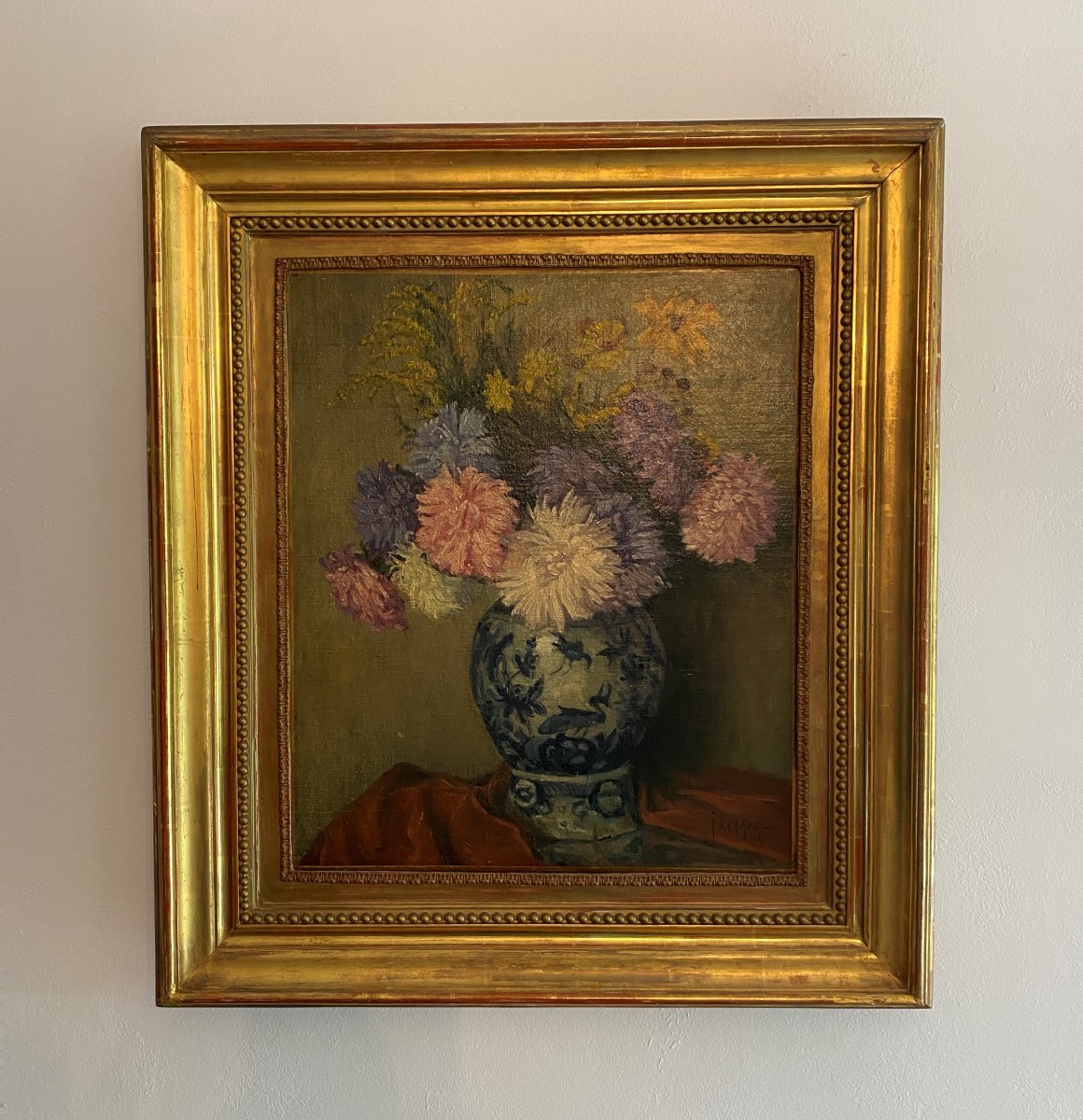 Jacmad Louisa: Oil-on-canvas Painting Depicting A Bouquet Of Flowers, 20th Century-photo-2