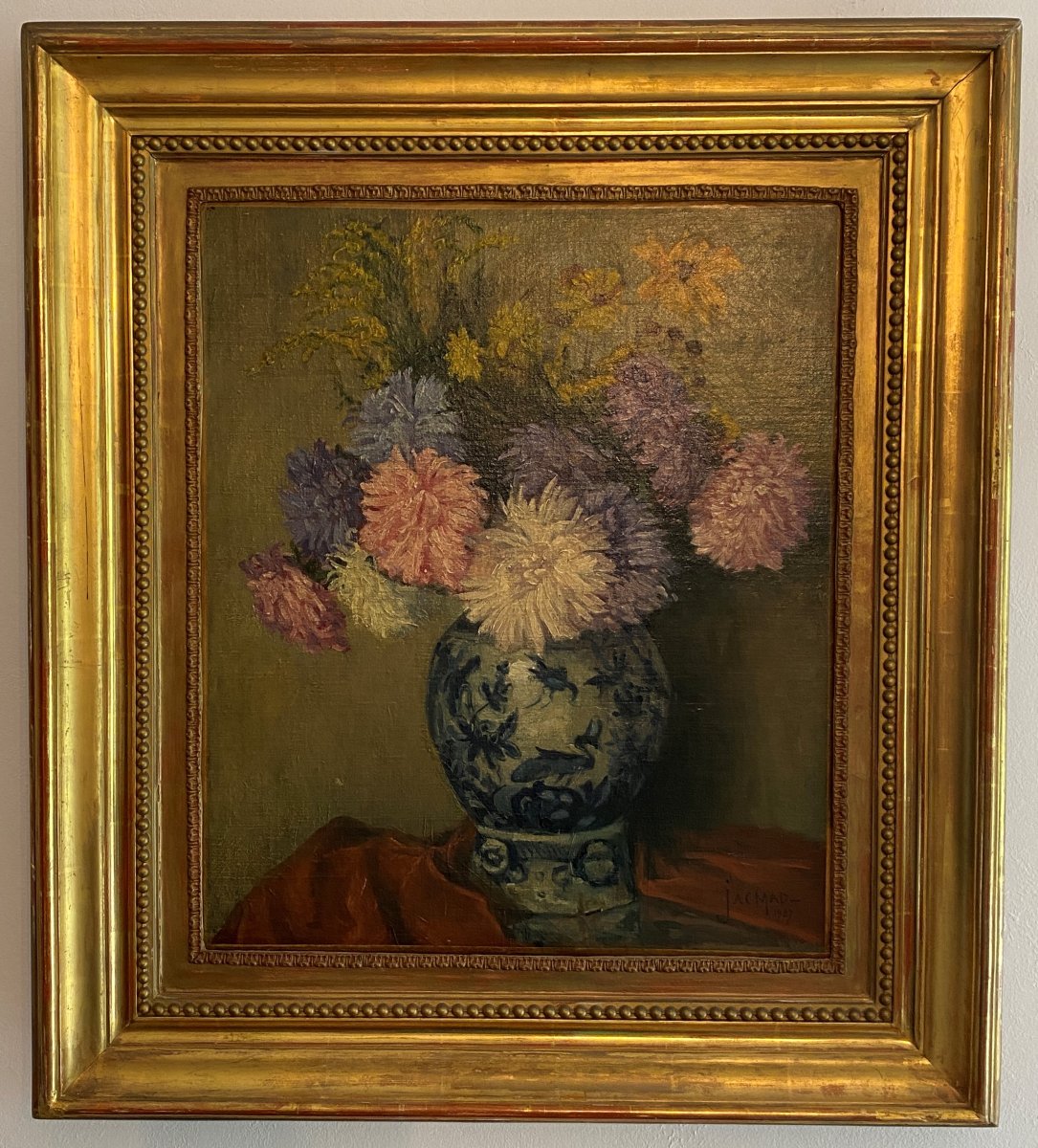 Jacmad Louisa: Oil-on-canvas Painting Depicting A Bouquet Of Flowers, 20th Century-photo-3