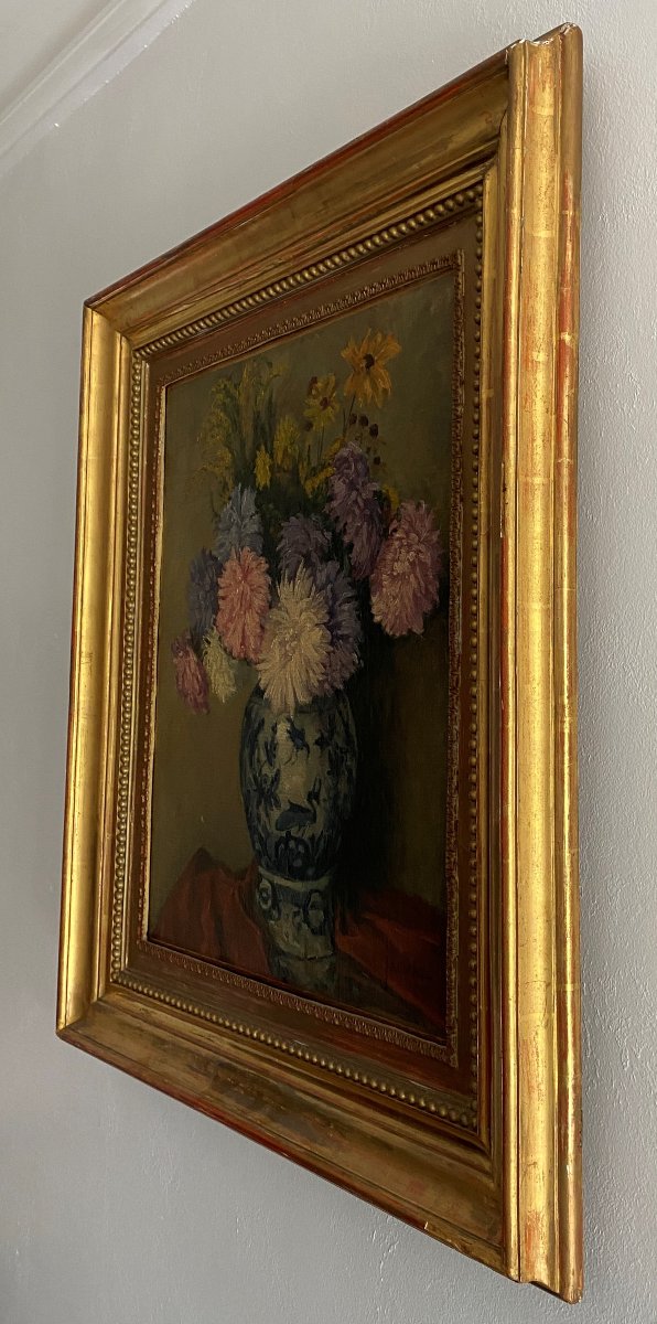 Jacmad Louisa: Oil-on-canvas Painting Depicting A Bouquet Of Flowers, 20th Century-photo-1