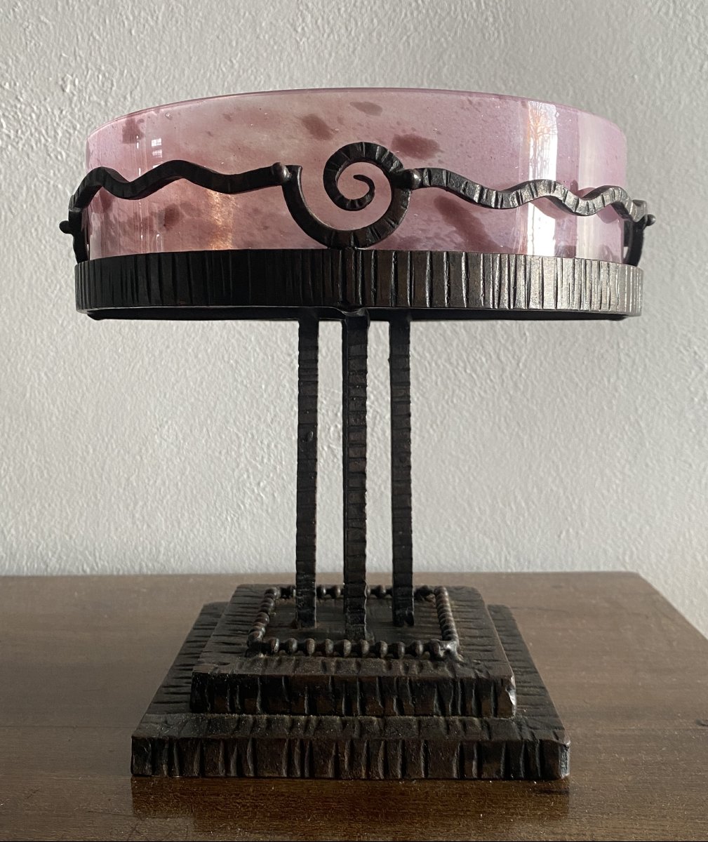  Coupe Ou Centre De Table En Fer Forgé Et Verrerie Art Déco  XX ème. -photo-2