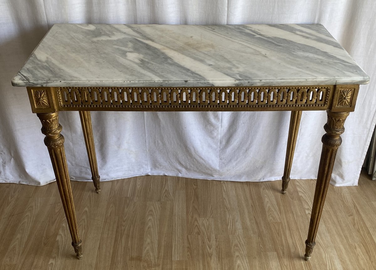 Large Louis XVI Console Table, Carved And Gilded, On Four Legs  18th Century-photo-2