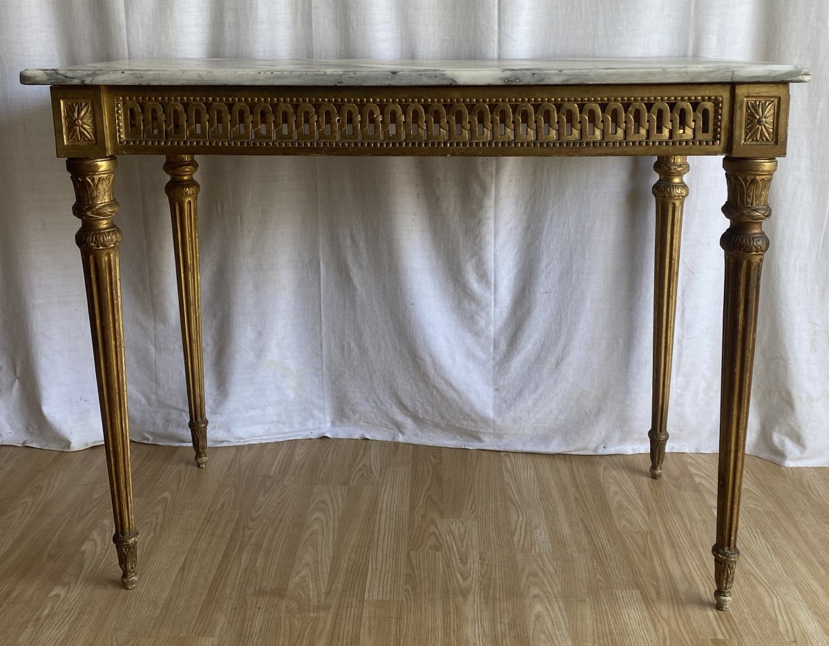 Large Louis XVI Console Table, Carved And Gilded, On Four Legs  18th Century