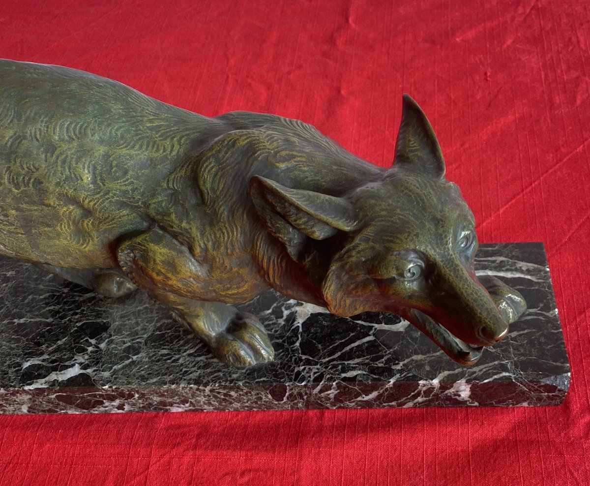 Art Deco Bronze Animal Sculpture, "fox On The Lookout," 20th Century-photo-2