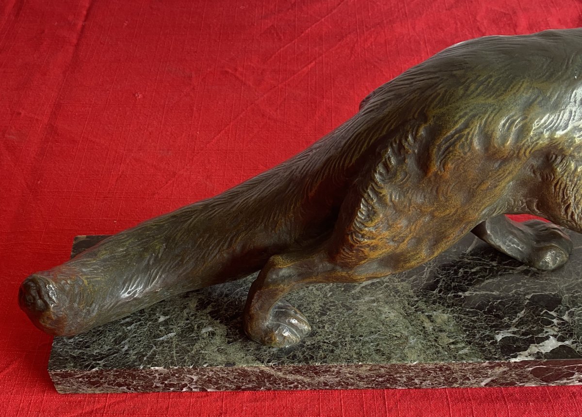 Art Deco Bronze Animal Sculpture, "fox On The Lookout," 20th Century-photo-3
