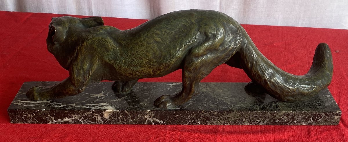 Art Deco Bronze Animal Sculpture, "fox On The Lookout," 20th Century-photo-4