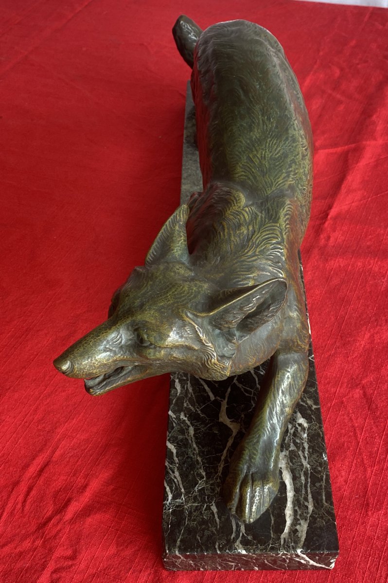 Art Deco Bronze Animal Sculpture, "fox On The Lookout," 20th Century-photo-1