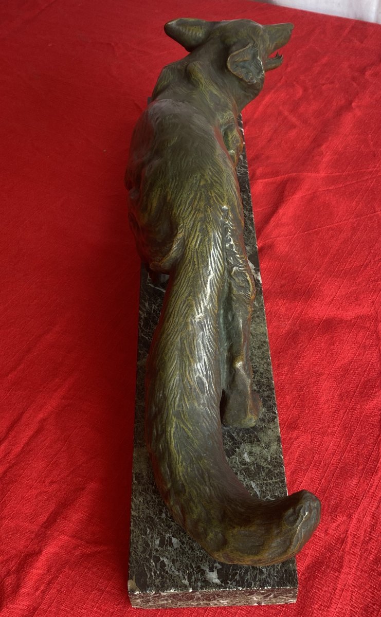 Art Deco Bronze Animal Sculpture, "fox On The Lookout," 20th Century-photo-2