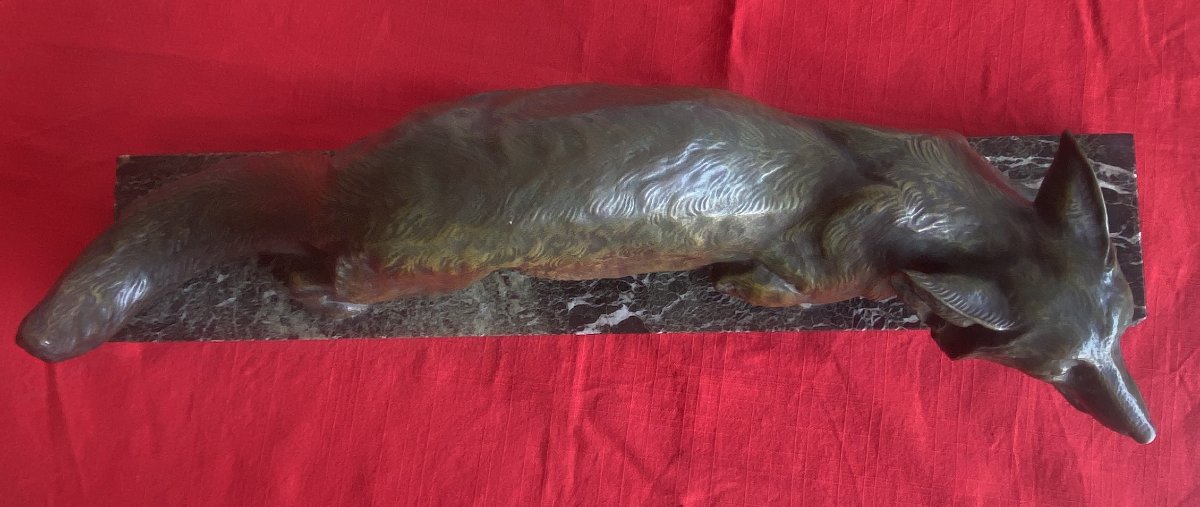 Art Deco Bronze Animal Sculpture, "fox On The Lookout," 20th Century-photo-3