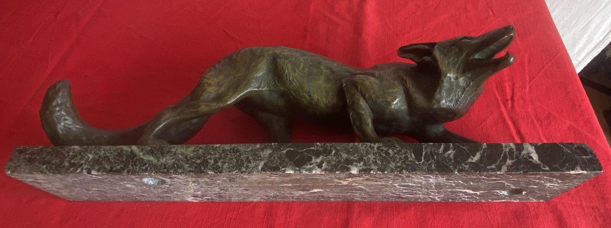 Art Deco Bronze Animal Sculpture, "fox On The Lookout," 20th Century-photo-4