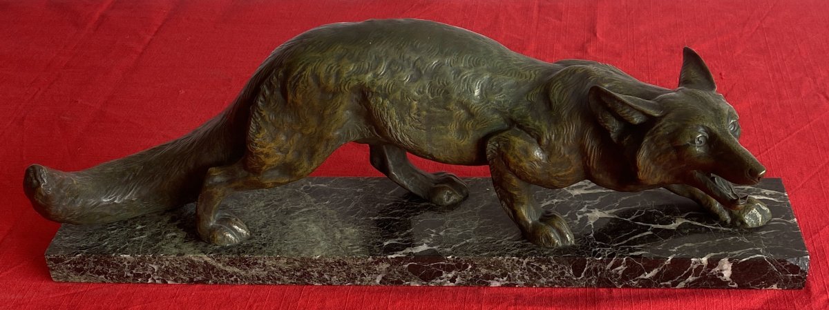 Art Deco Bronze Animal Sculpture, "fox On The Lookout," 20th Century