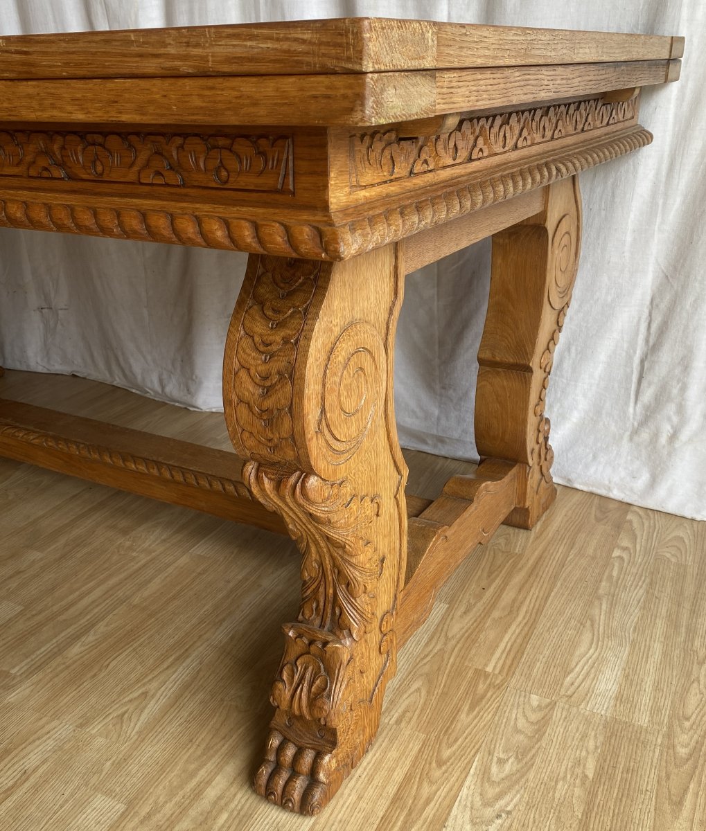 grande table de salle à manger en chêne sculpté à pattes de lion XIX ème-photo-2