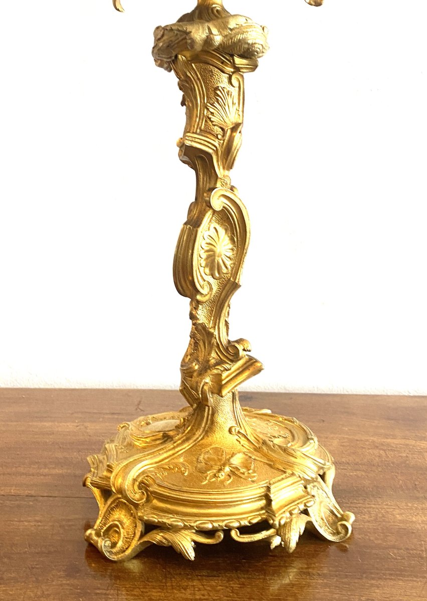 Grande Paire de candélabres Style Louis XV Rocaille en bronze Doré et ciselé   XIX ème-photo-2