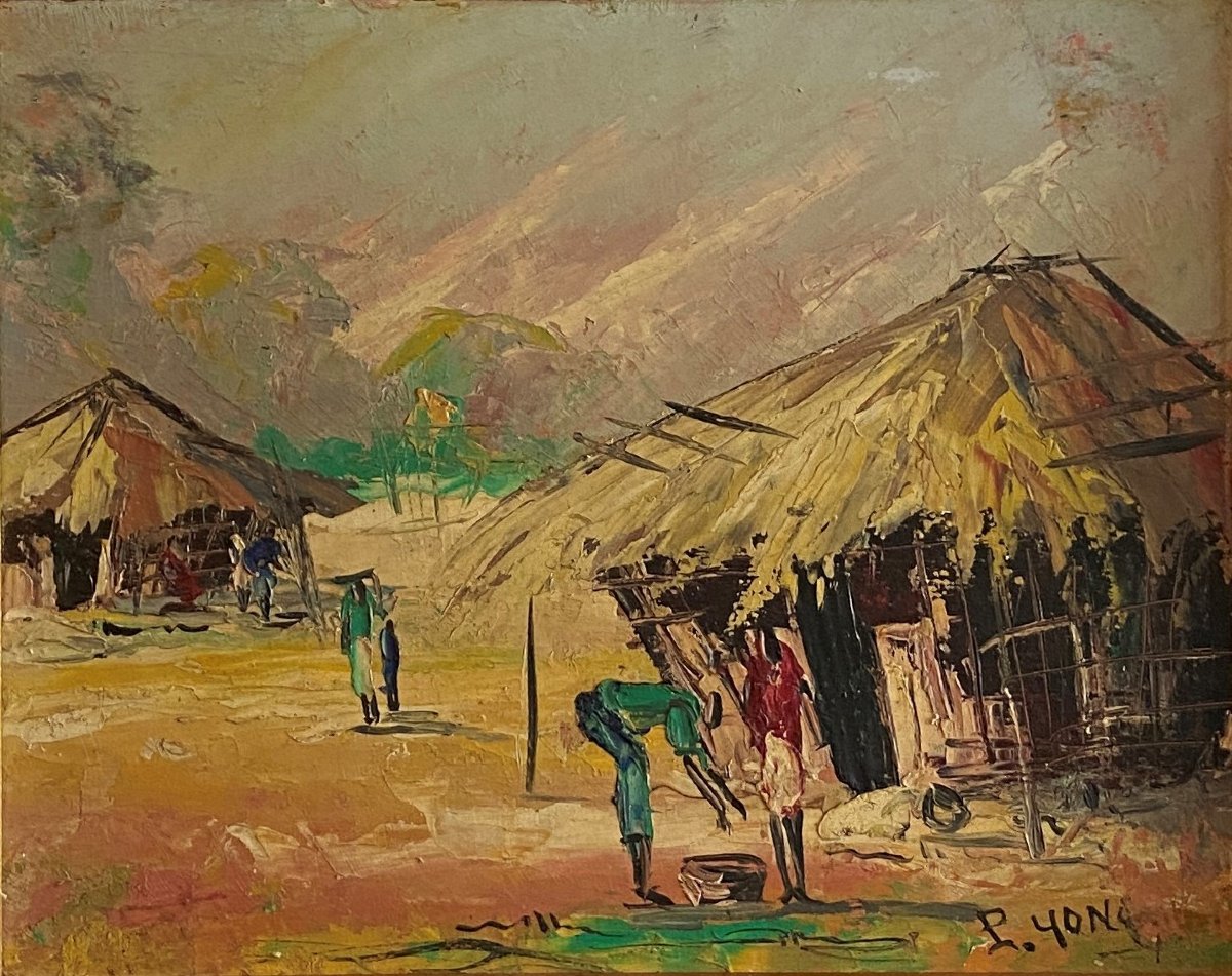 Oil Painting On Hardboard: Scene From African Life, 20th Century-photo-2
