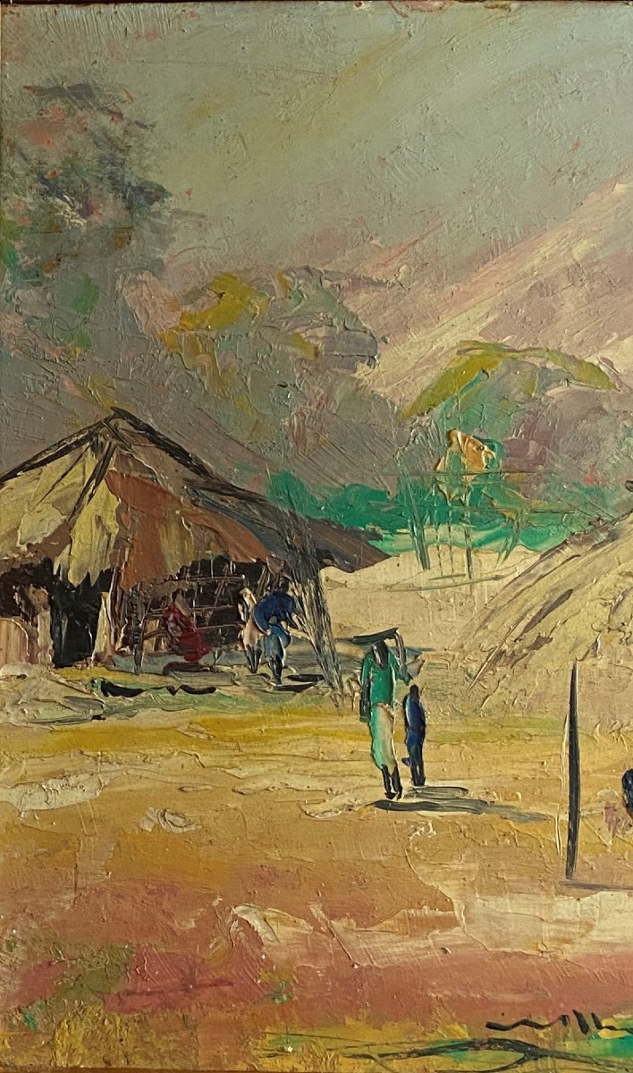 Oil Painting On Hardboard: Scene From African Life, 20th Century-photo-3