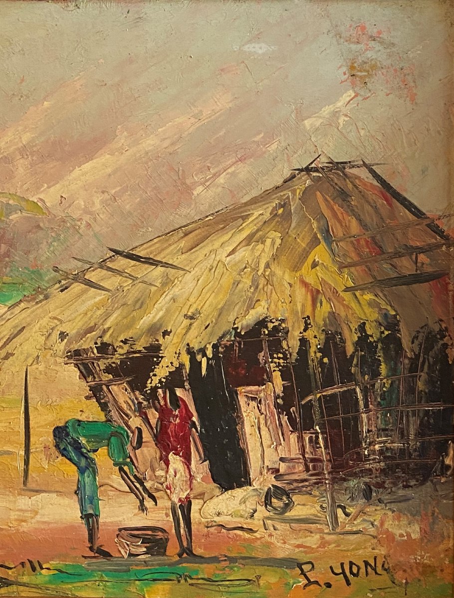 Oil Painting On Hardboard: Scene From African Life, 20th Century-photo-4