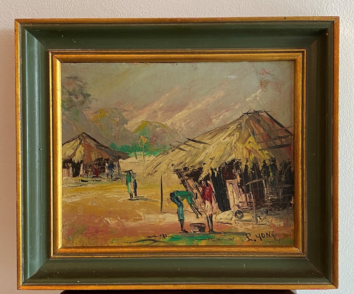 Oil Painting On Hardboard: Scene From African Life, 20th Century
