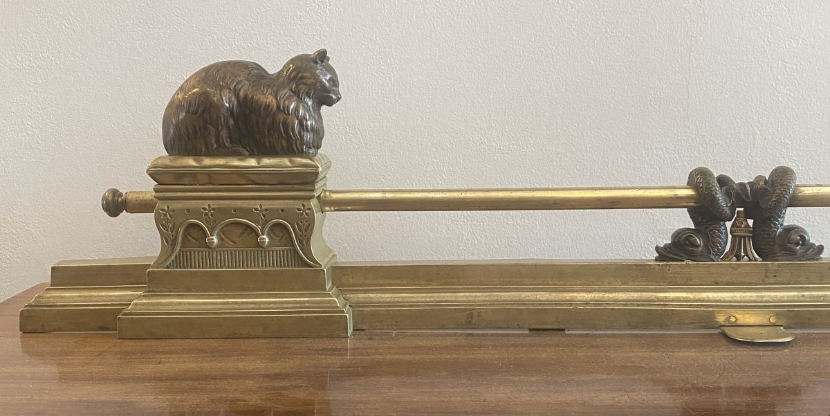 19th-century Bronze And Brass Mantelpiece Or Fireplace Surround Decorated With Cats And Fish-photo-3