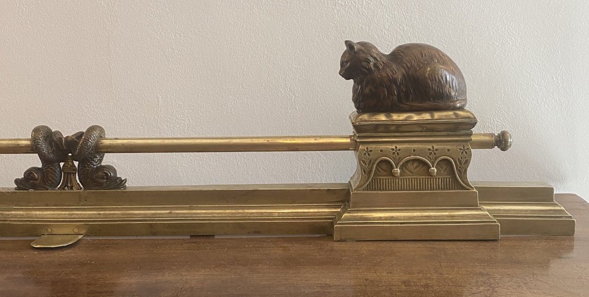 19th-century Bronze And Brass Mantelpiece Or Fireplace Surround Decorated With Cats And Fish-photo-4