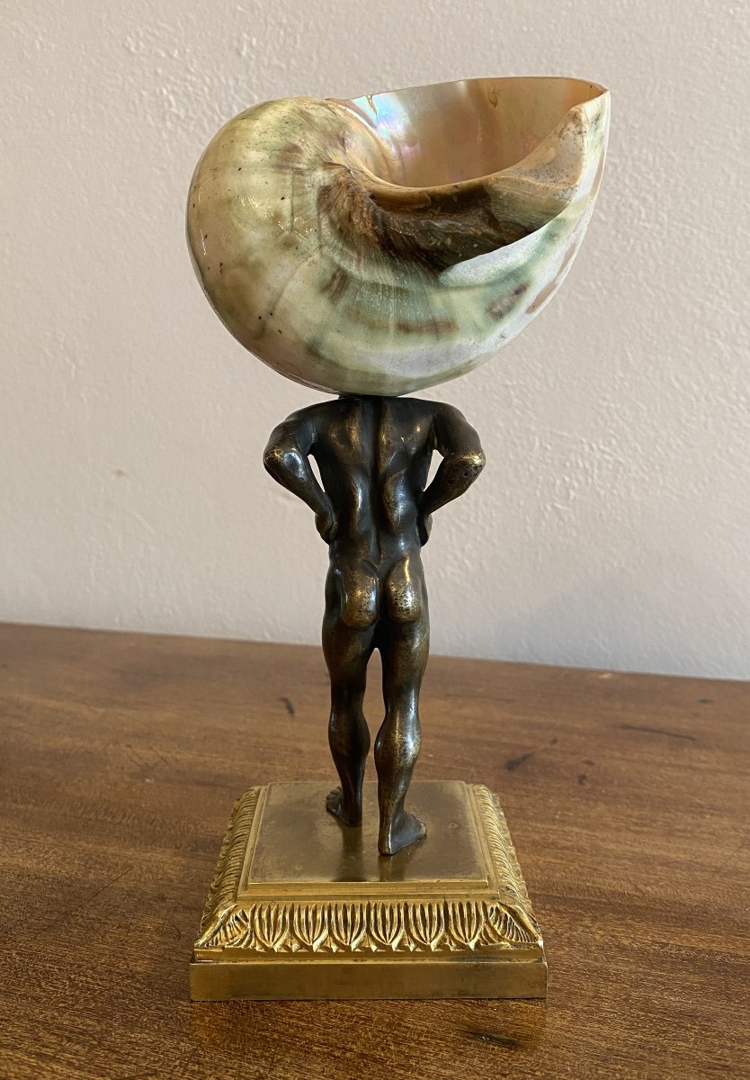 sculpture en bronze Atlas supportant un coquillage Nautile sur le dos XIX ème-photo-3