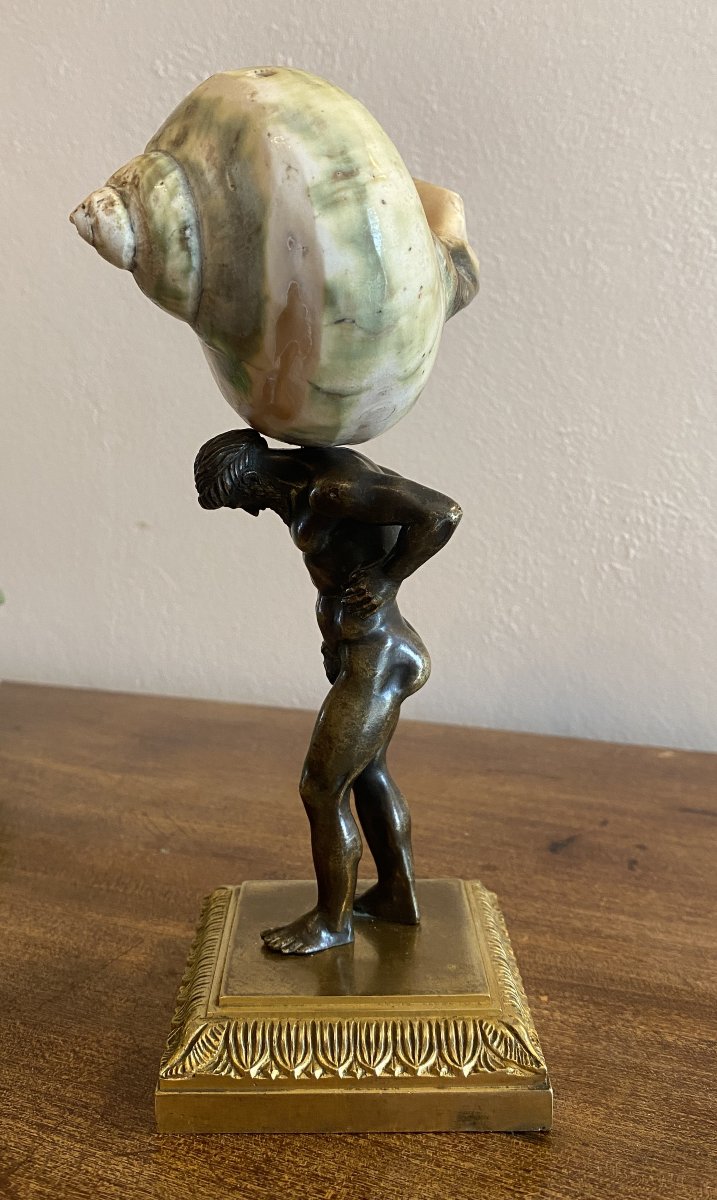 sculpture en bronze Atlas supportant un coquillage Nautile sur le dos XIX ème-photo-4