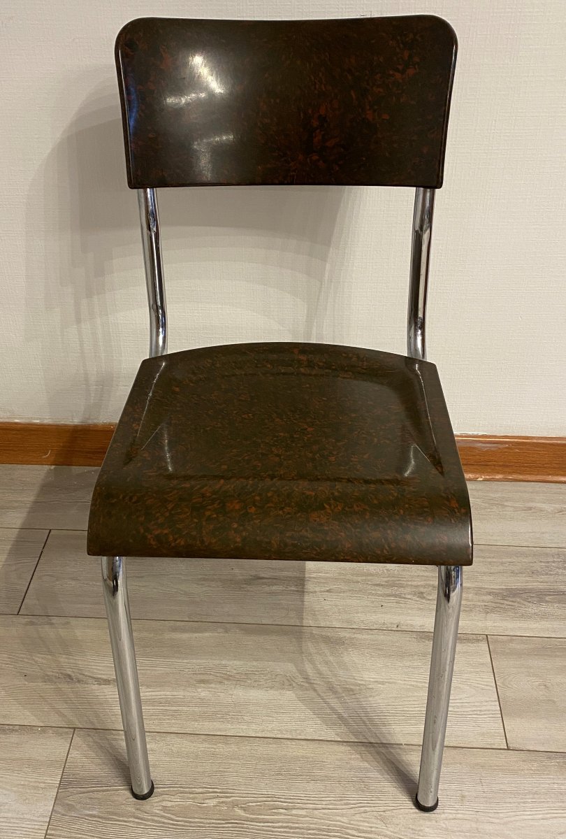 Herbst René, 4 Art Deco Chairs In Chrome And Bakelite, 20th Century-photo-2