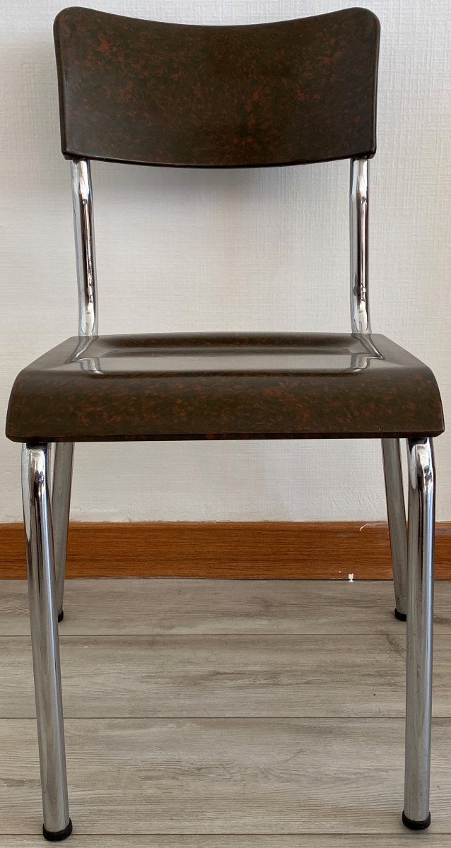 Herbst René, 4 Art Deco Chairs In Chrome And Bakelite, 20th Century-photo-4
