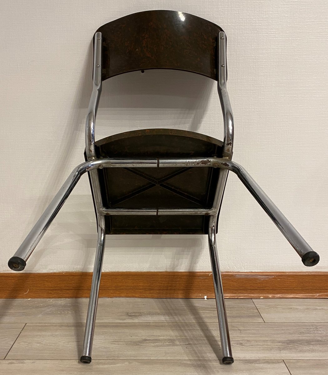 Herbst René, 4 Art Deco Chairs In Chrome And Bakelite, 20th Century-photo-2