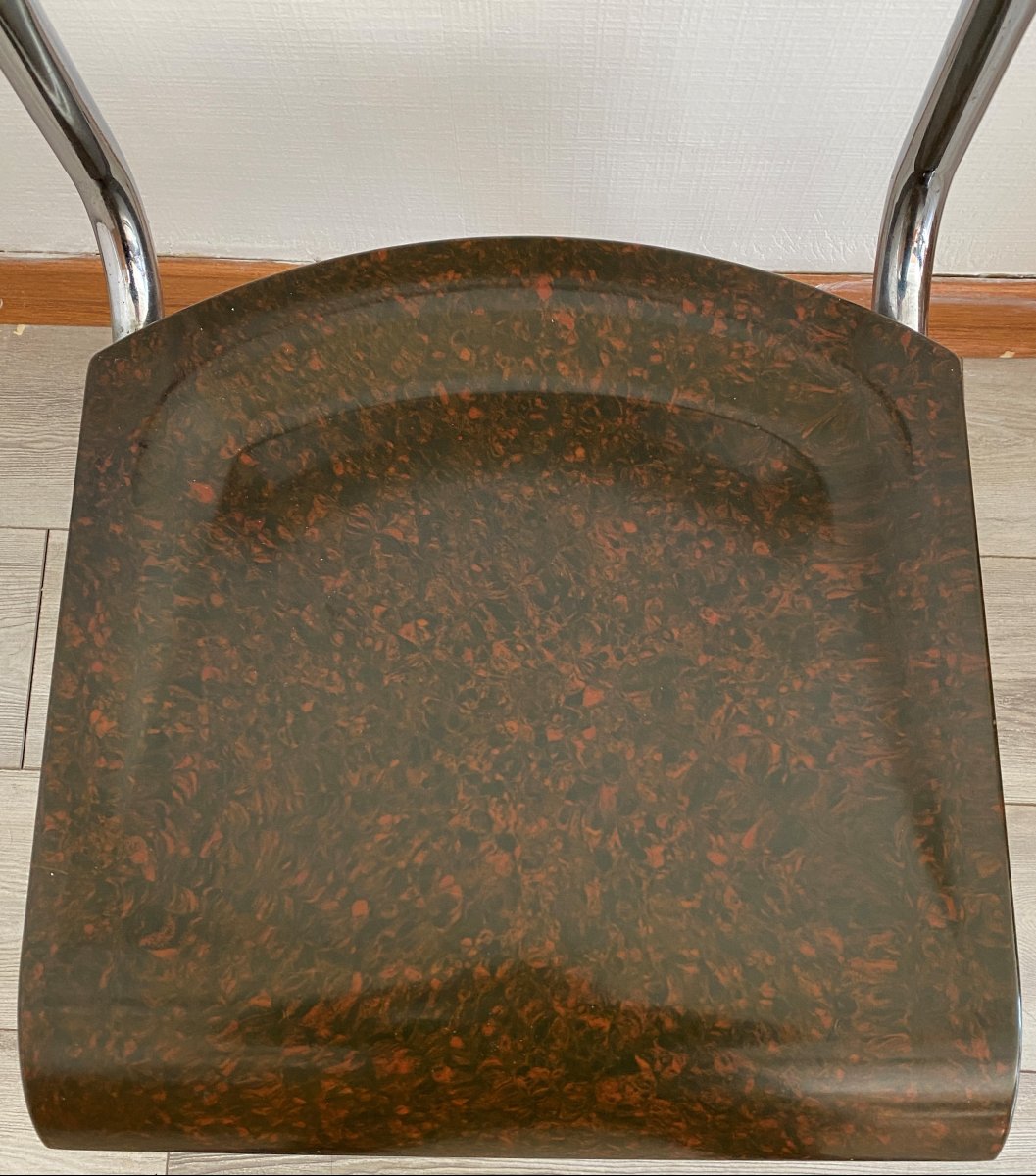 Herbst René, 4 Art Deco Chairs In Chrome And Bakelite, 20th Century-photo-3