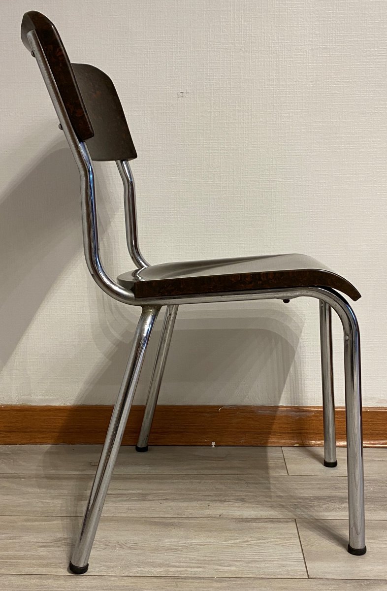 Herbst René, 4 Art Deco Chairs In Chrome And Bakelite, 20th Century-photo-4