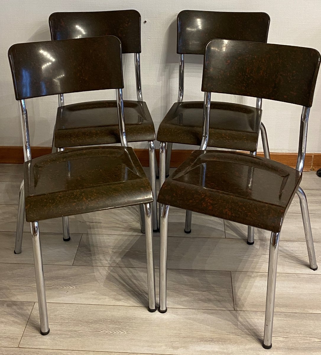 Herbst René, 4 Art Deco Chairs In Chrome And Bakelite, 20th Century