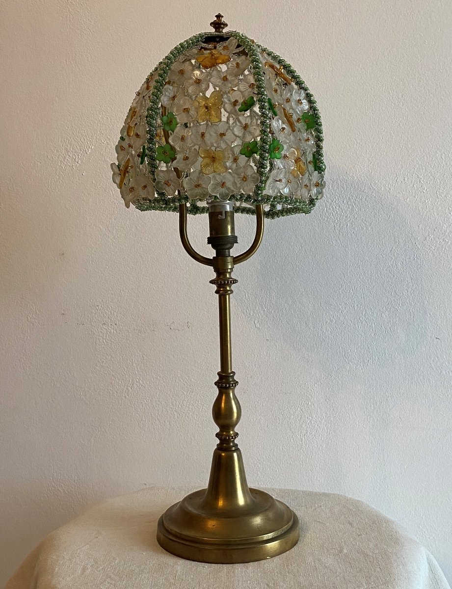Lampe à Poser En Bronze avec perles et Fleurs En Verre multi couleur XX ème-photo-2