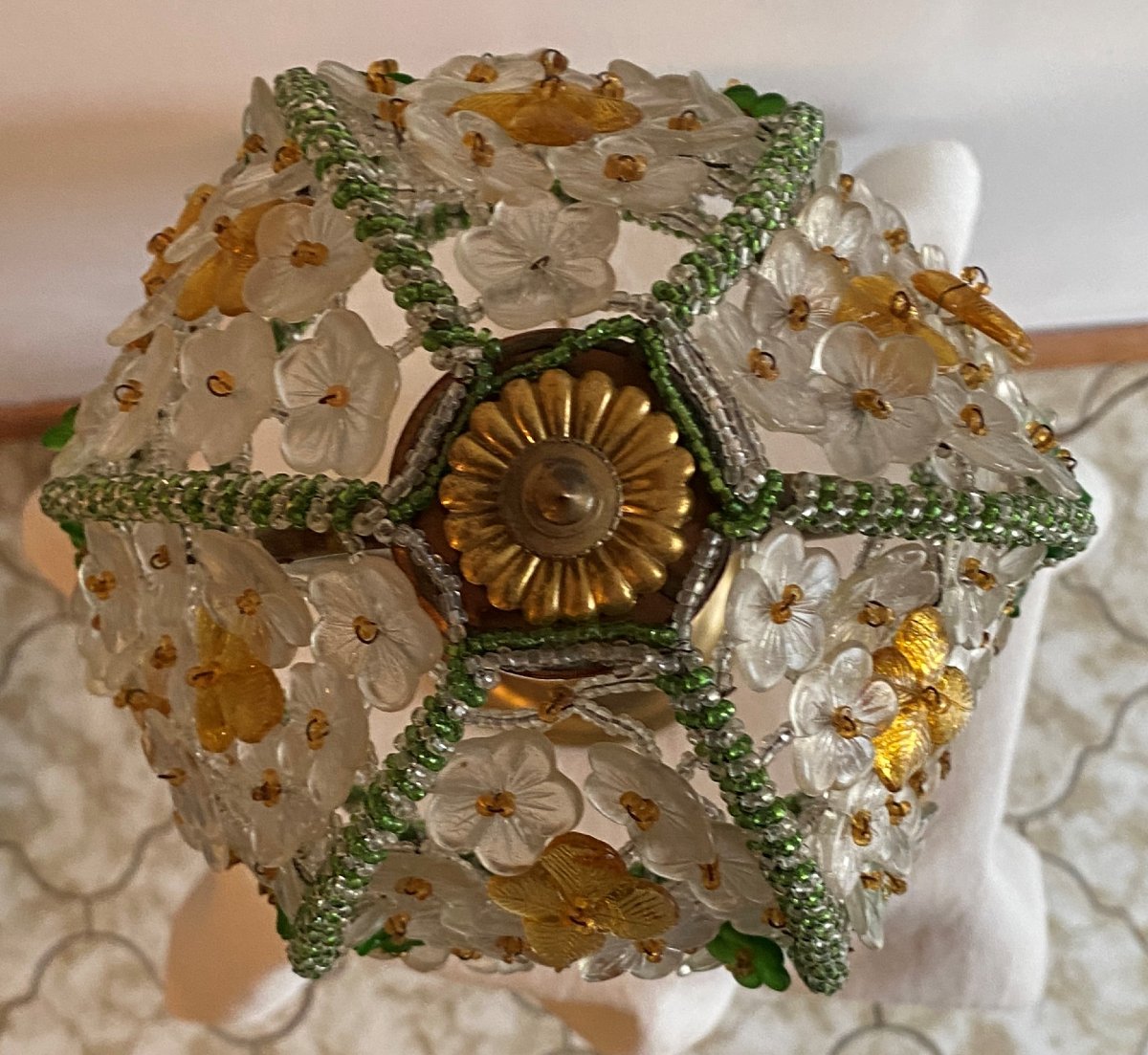 Lampe à Poser En Bronze avec perles et Fleurs En Verre multi couleur XX ème-photo-1