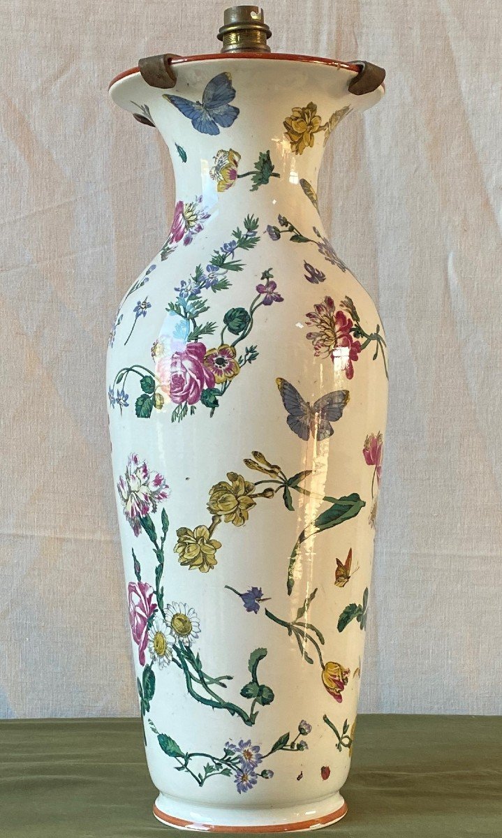 Grande Lampe Vase à Décor De Fleurs Et Insectes XIX ème