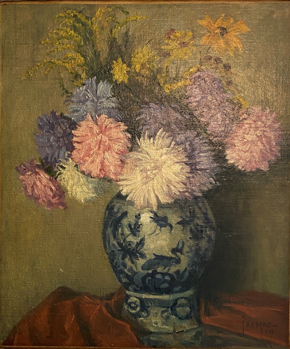 JACMAD Louisa Tableau huile sur toile représentant un bouquet de fleurs XX ème-photo-3