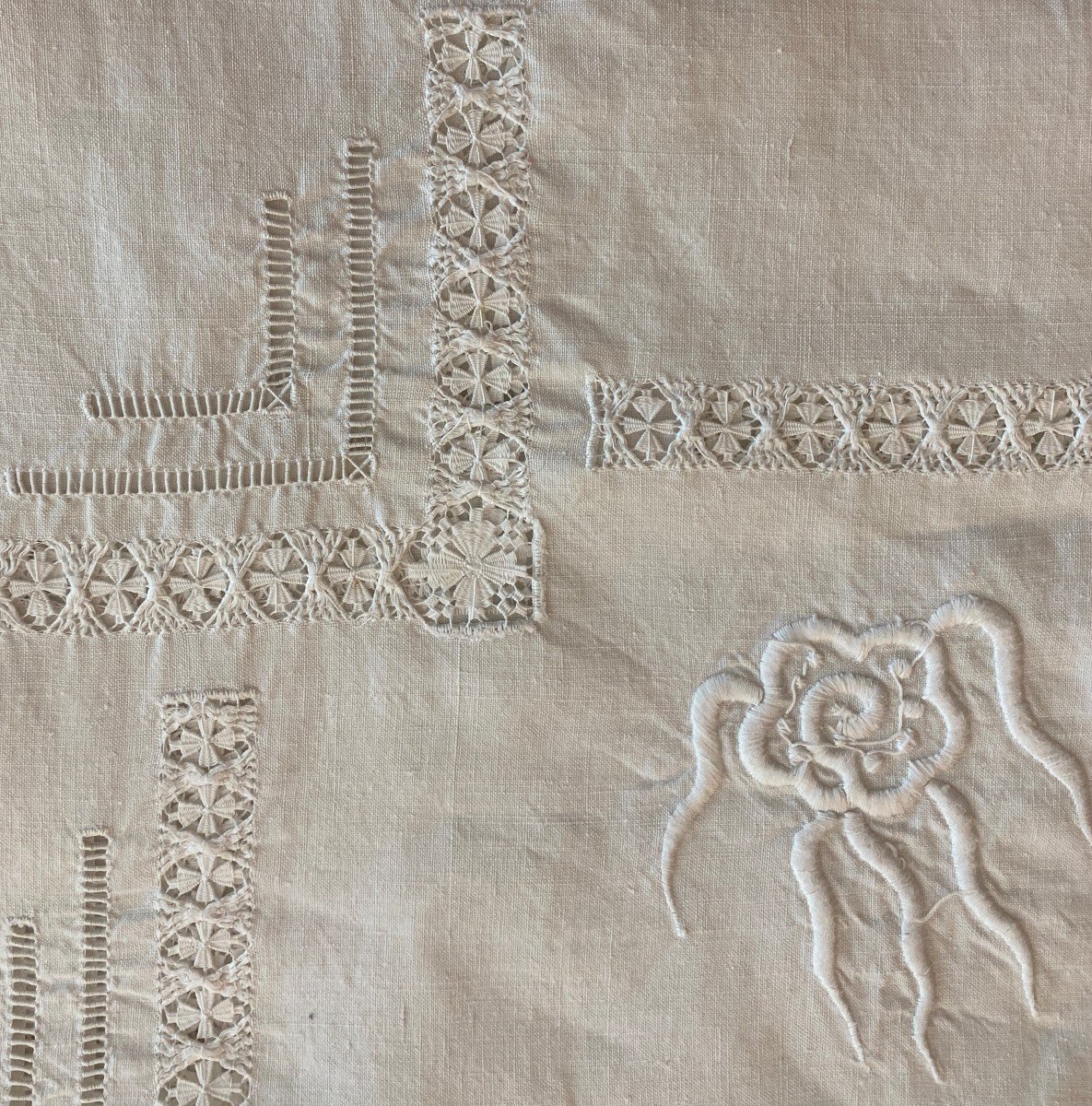 Tablecloth And Its 12 Linen Napkins Embroidered And Monogrammed Bc Indochina Early 20th Century-photo-6