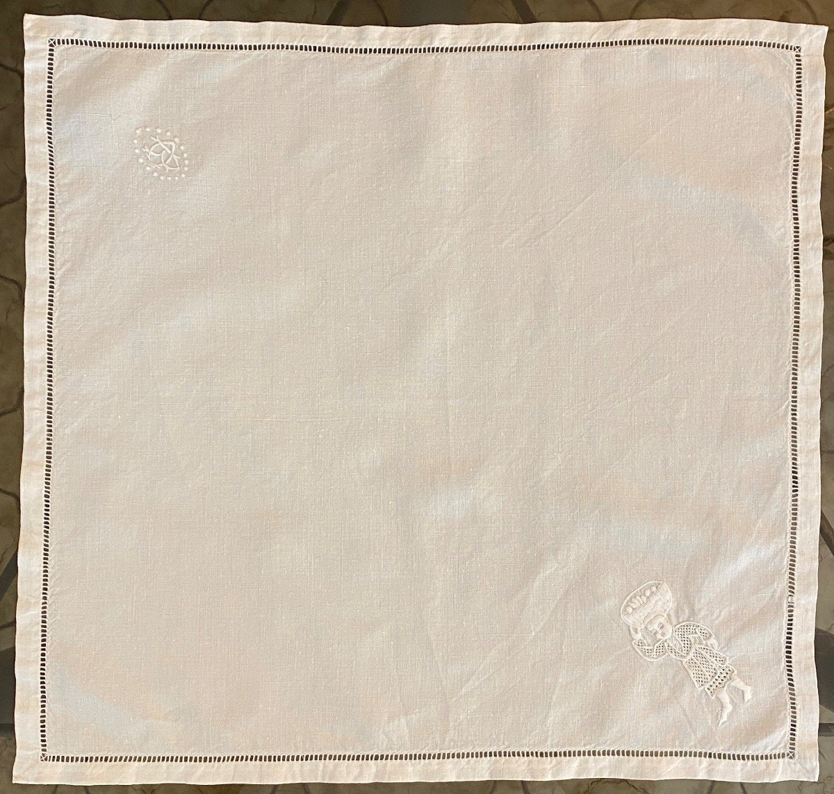 Tablecloth And Its 12 Linen Napkins Embroidered And Monogrammed Bc Indochina Early 20th Century-photo-7